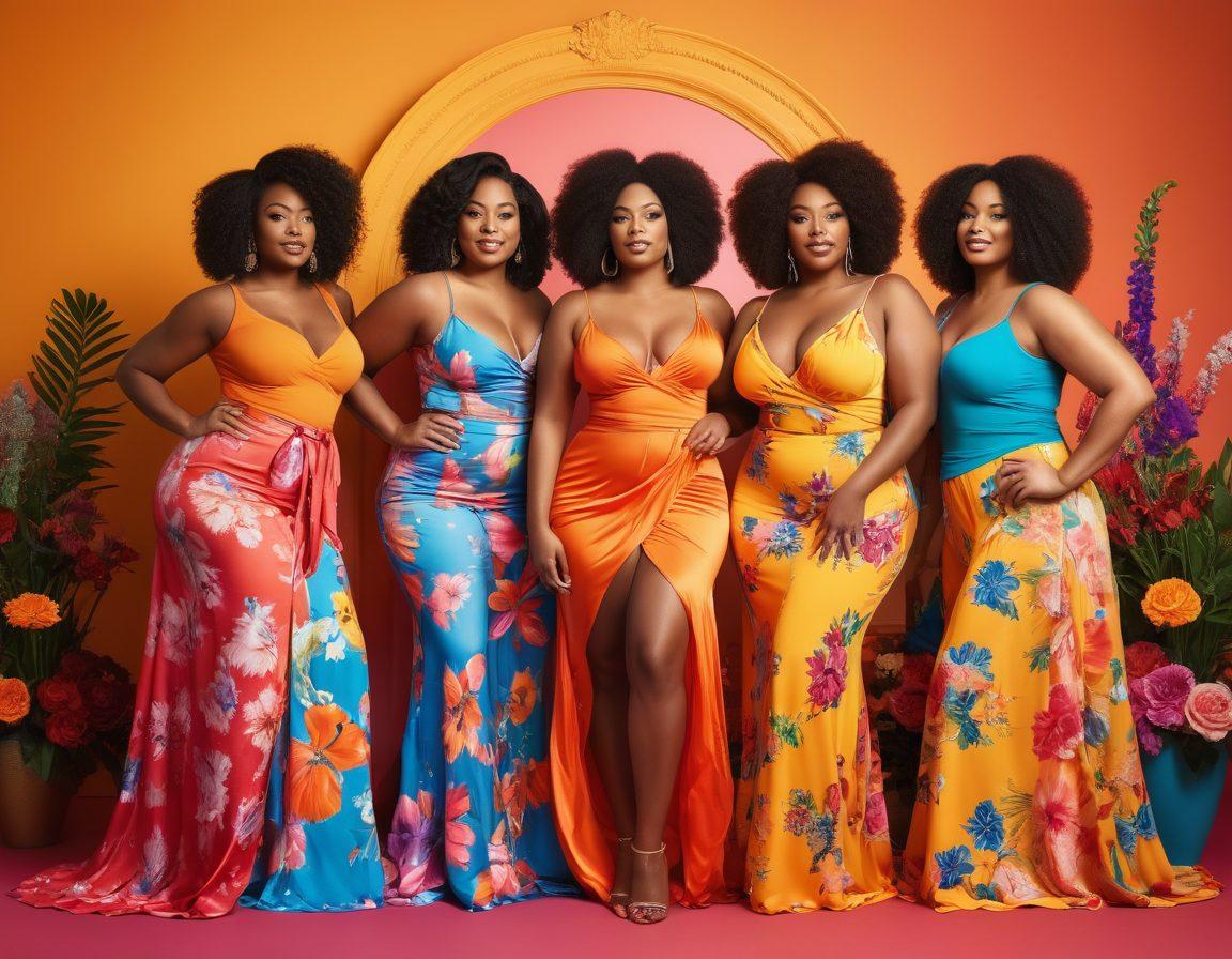 A celebration of curvy beauty, featuring a diverse group of confident women proudly showcasing their voluptuous figures in flowing, colorful attire against a bright, lively background. Each woman radiates joy and empowerment, surrounded by symbols of self-love, like mirrors and flowers. Their expressions reflect happiness, strength, and confidence in their curves. The scene should feel warm and inclusive, inviting viewers to embrace their own beauty. vibrant colors. super-realistic. bright background.