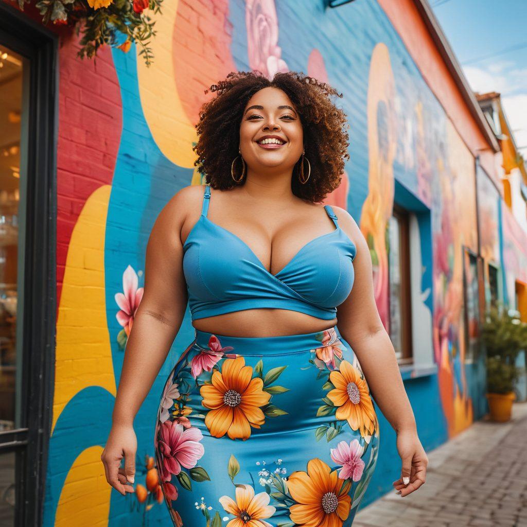 A confident, curvy woman standing on a vibrant street adorned with colorful murals, wearing a stylish outfit that highlights her curves, surrounded by blooming flowers and cheerful people celebrating diversity. Soft sunlight illuminates her smile, capturing the essence of joy and self-love. super-realistic. vibrant colors. high contrast.